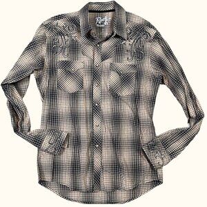 Rock 47 Wrangler Tribal Western Plaid Pearl Snap Collared Shirt Brown Size Large